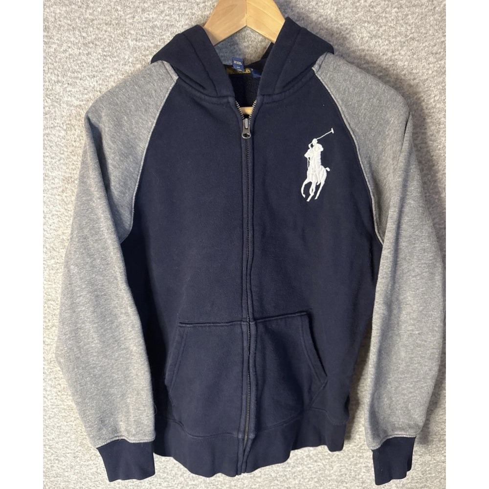 Polo Ralph Lauren Youth Large 14-16 Full Zip Hoodie Blue & Grey Pony Logo